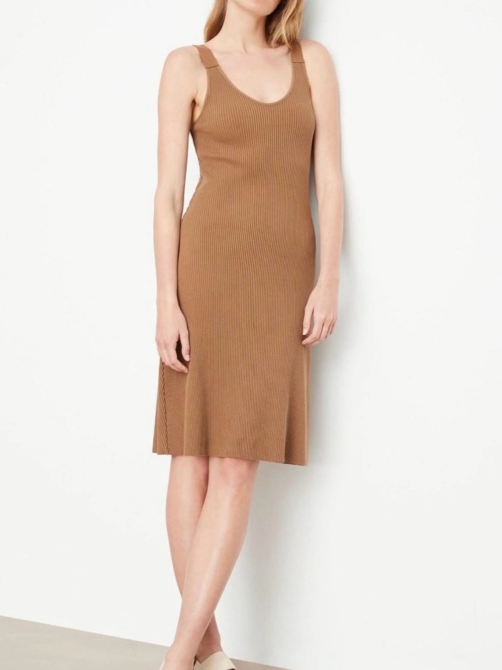 Vince Sleeveless Ribbed Tank Dress Knee Length in Brown Women’s Medium
